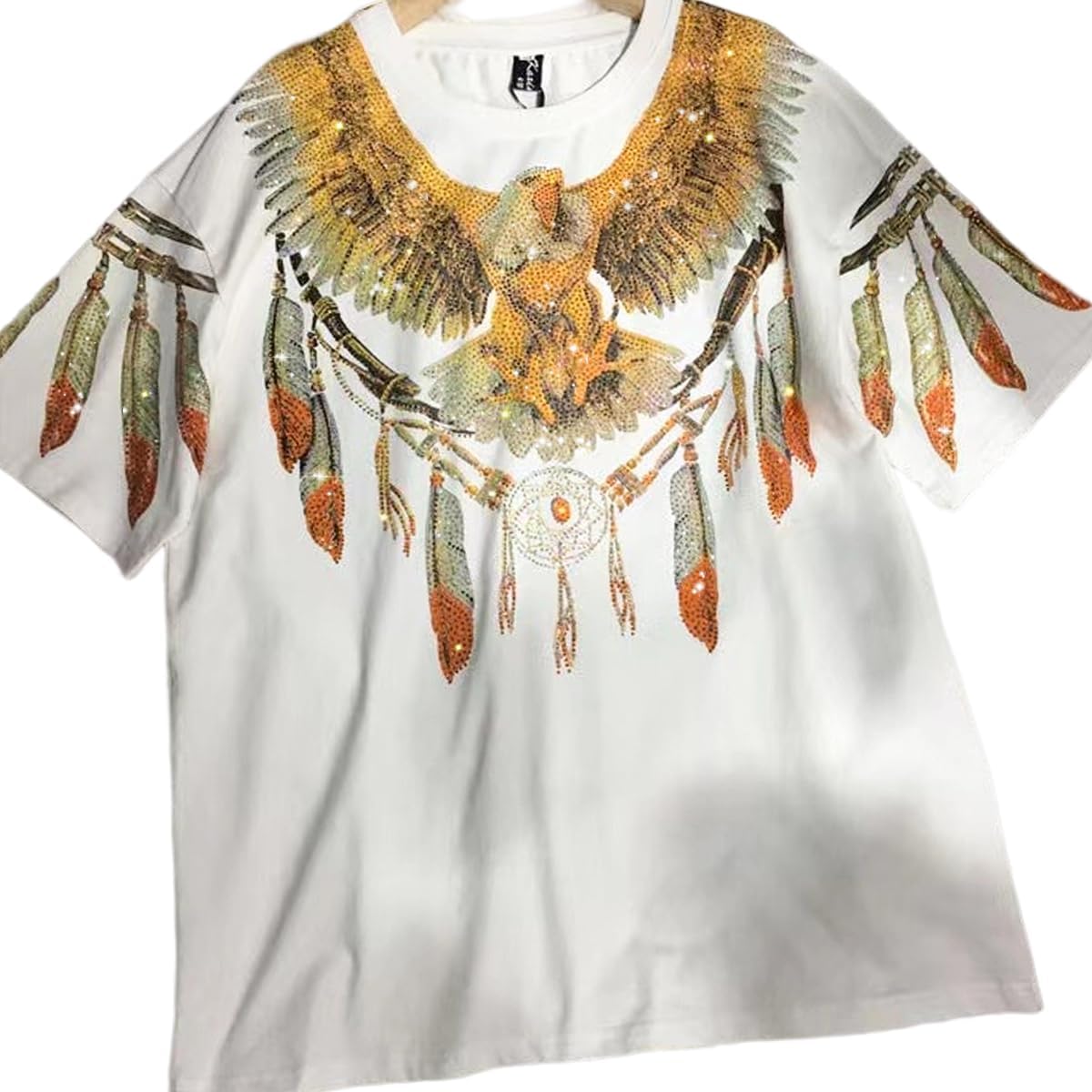 Plus Size Graphic Tees for Women Eagle Rhinestone Printed Tops Loose Fit Mens T Shirts Short Sleeve Oversized Streetwear